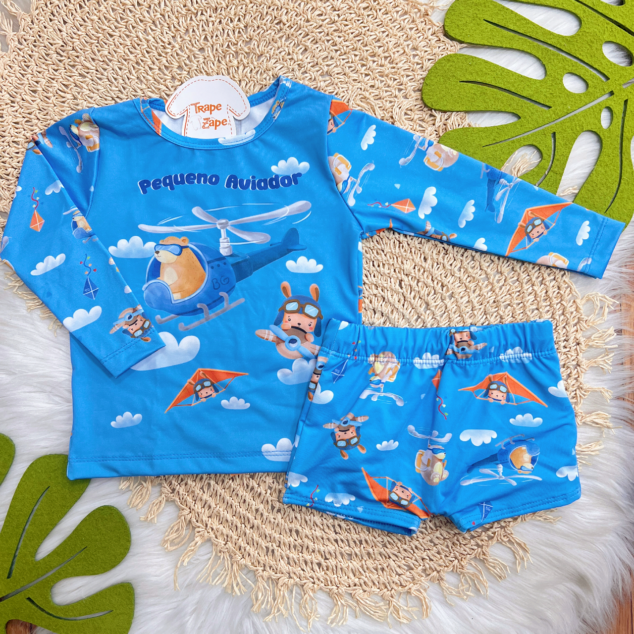 Linha Praia - Blusa Manga Longa Pequeno Aviador e Sunga com Proteção UV50+ - Azul 